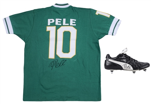 Lot of (2) Pele Signed New York Cosmos Replica Jersey & Puma Cleat (PSA/DNA)
